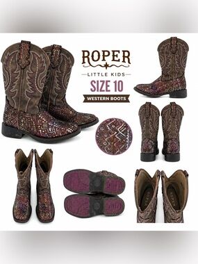 Roper Girls Size 10 Glitter Aztec Western Cowboy Boots Brown Square Toe